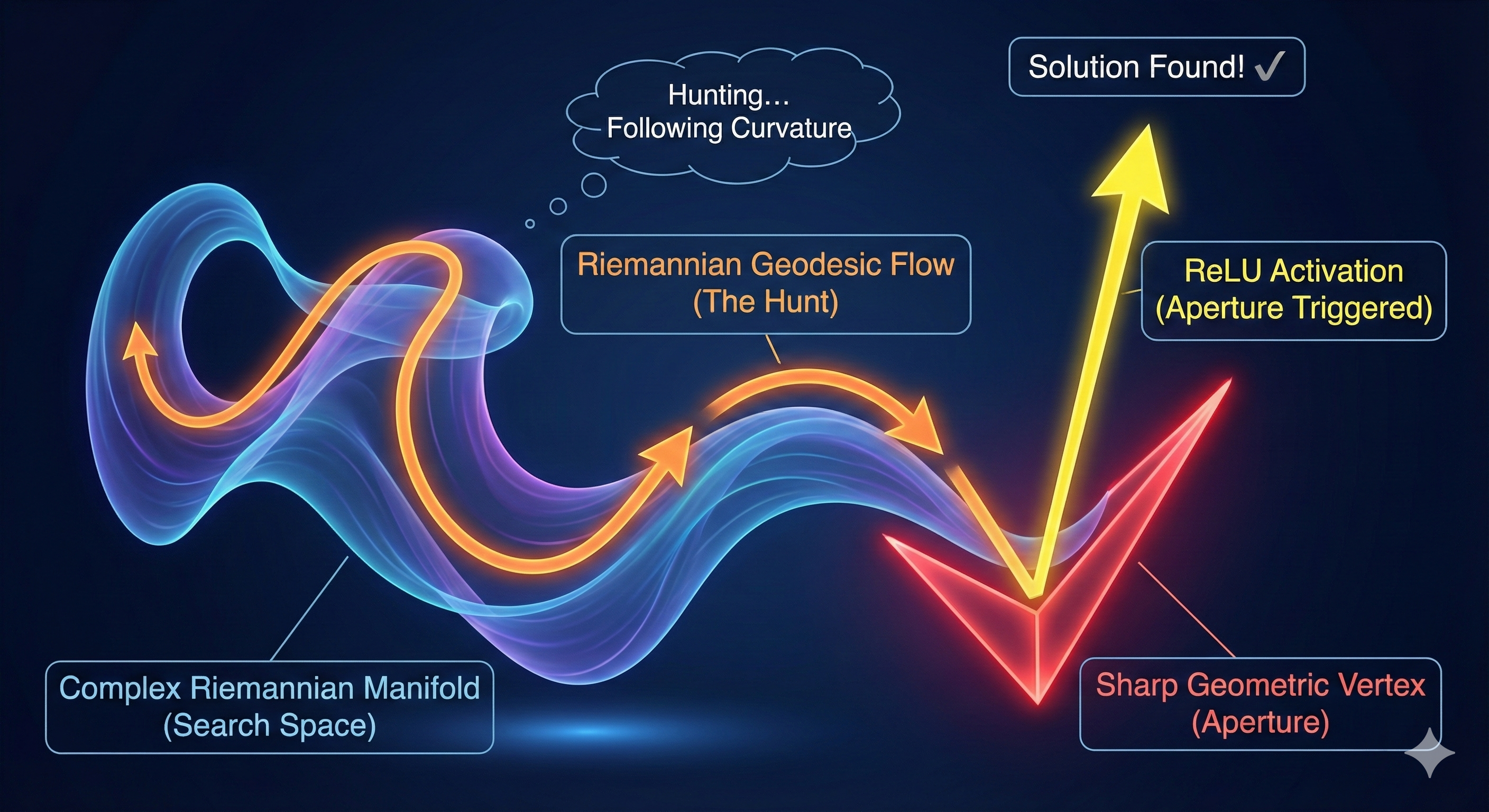 The Riemannian "Hunt" visualization. The system "flows" along the complex, curvy manifold, hunting for the solution.